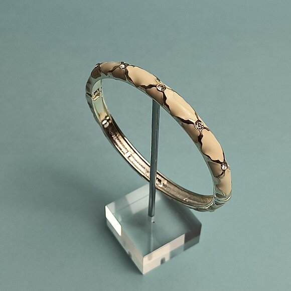 NORDSTROM Sequin Enamel Hinge Bangle Bracelet Clamper Off White S/T Rhinestone - Picture 2 of 5